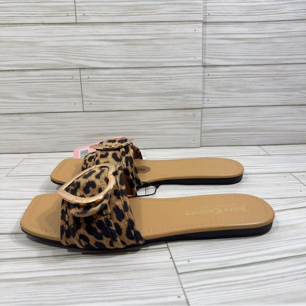 NWT‎ Juicy Couture Leopard Heart Slide Sandals Women Size 8M Tan Black Gold